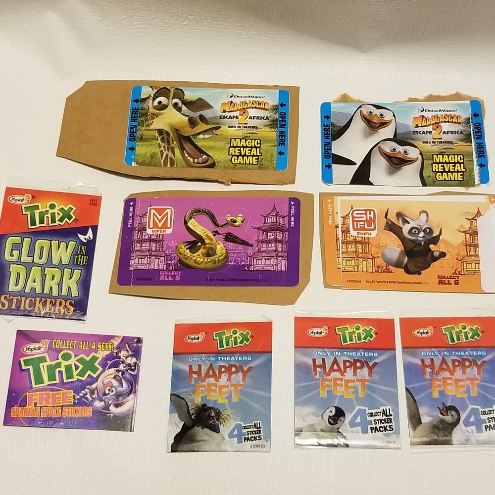 EUC Kung Fu Panda, Madagascar 2, Happy Feet, & rabbit Yoplait Trix stickers